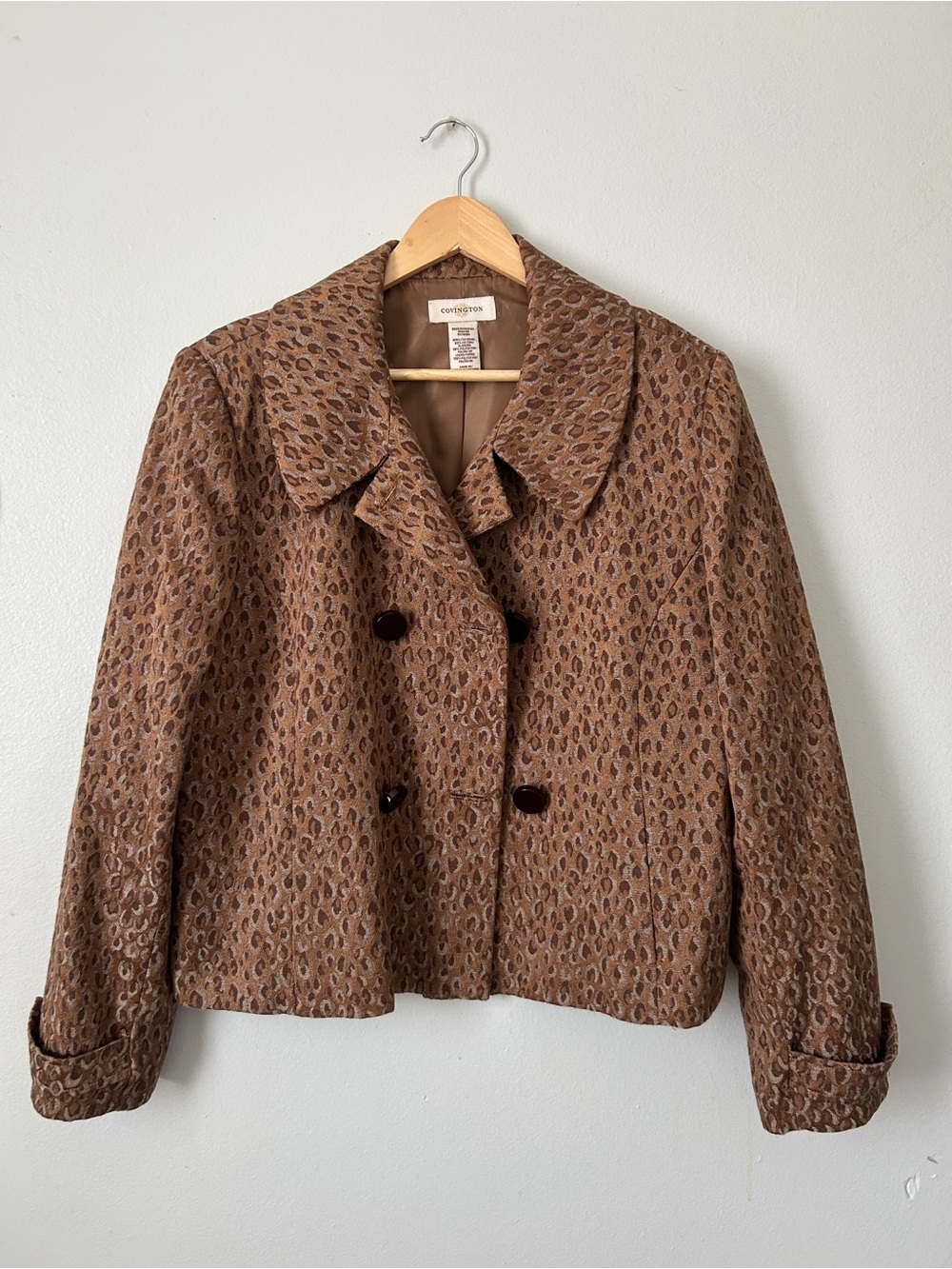 Covington Brown Leopard-Print Cropped Double-Breasted Jacket